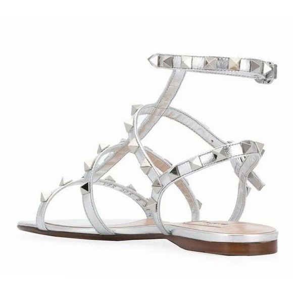 Valentino Rockstud Silver Stud Leather Ankle Strap Gladiator Flat Sandal 36.5 - Picture 8 of 12